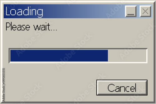 Retro computer interface loading window with progress bar and cancel button. Pixel style desktop dialog with please wait message. Classic operating system inspired interface element.