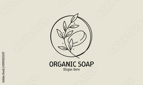 Organic soap emblem displays a circular frame enclosing a botanical sprig and a solid bar of cleanser for natural beauty products.