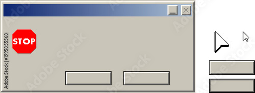 Retro pixel computer popup window with stop sign symbol, blank buttons and cursors. Vintage desktop interface elements representing restriction, blocking or system interruption.