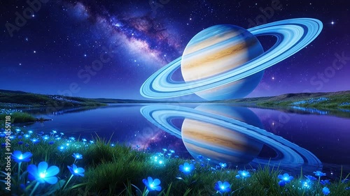 Planet with rings and glowing flowers