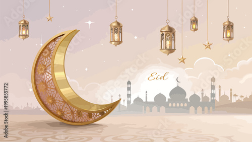 Eid mubarak background with golden crescent moon, hanging lanterns and mosque silhouette, islamic holiday greeting card design