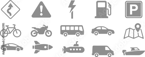 Transport mode icons featuring vehicles and signs for web and infographic use