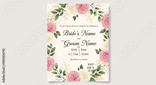 Elegant Floral Wedding Invitation Template with Roses and Greenery