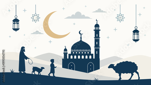 Eid aladha celebration background with mosque silhouette, crescent moon, hanging lanterns, and people with sheep in a desert landscape