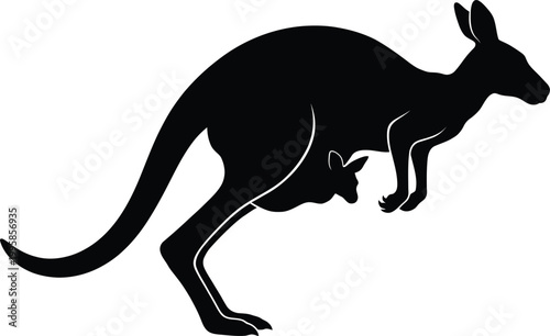 Kangaroo silhouette with joey in pouch for wildlife illustration and educational materials