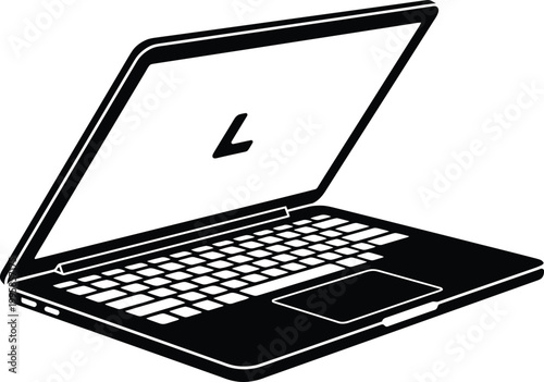 Black laptop computer icon with white keyboard and screen for website design
