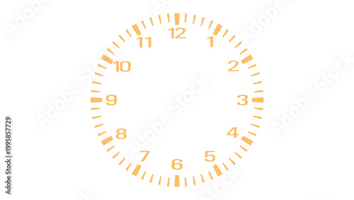 A large orange clock face on a white background displays the time with hour and minute markers.
