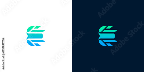 Abstract modern e letter logo mark icon with gradient colors on white and dark backgrounds