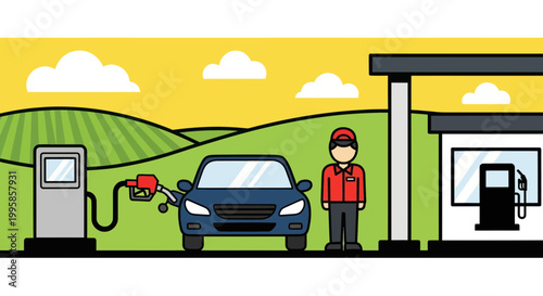 Gas Station Scene: Car Refueling with Rural Landscape Background