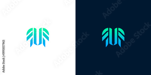 Modern abstract 'M' letter logo design with gradient colors on white and dark backgrounds, symbolizing technology and innovation