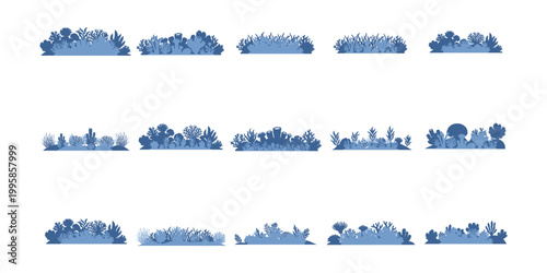 Blue Plant and Bush Silhouette Set