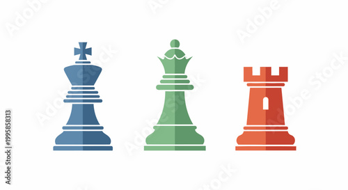 A blue king, red rook, and green bishop chess pieces are arranged in a row against a white backdrop.