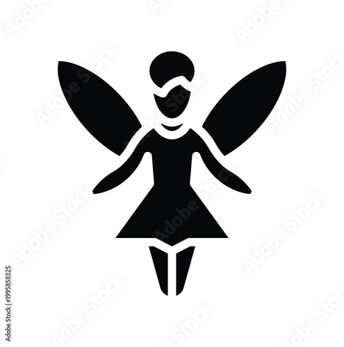 Black silhouette of a fairy with wings and a gown on a white background