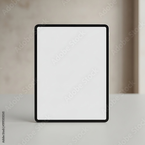 Blank white tablet computer screen on a table indoors  modern technology