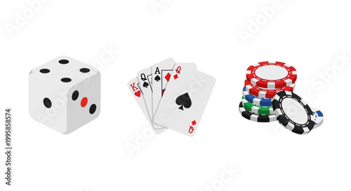 A casino dice, a fan of playing cards, and a stack of poker chips are arranged together.