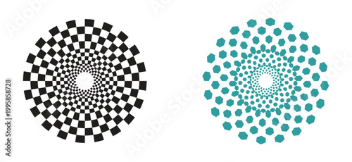 Circle checker frames. Round chess borders.Vignettes with race or chessboard pattern. Vector retro groovy illustratio.