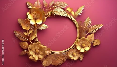 golden flowers circle photo frame golden flower wreath golden flower wreath pink background