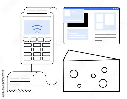 E-commerce, food industry, digital transactions, retail business analytics, online orders, cashless payment. POS terminal with receipt, e-commerce webpage and cheese icon. E-commerce and food