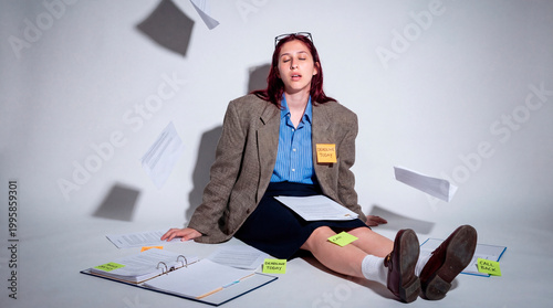 Exhausted office worker facing deadline pressure surrounded by falling paperwork documents