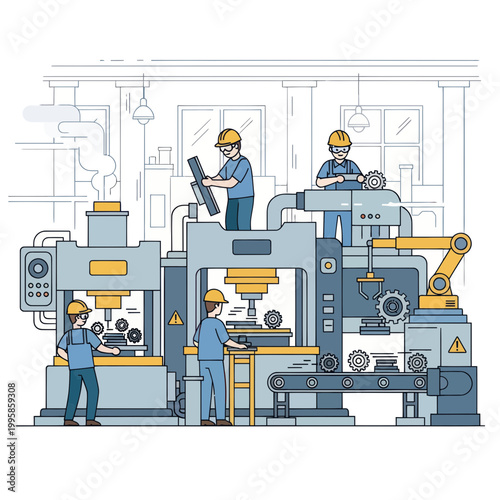Factory workers operating automated machinery in a modern industrial production line.