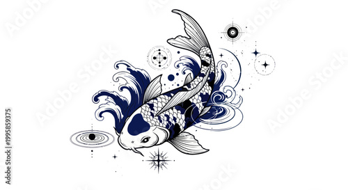 Japanese Koi Fish with Waves and Stars Illustration