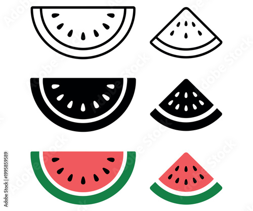 Colorful vector illustration of fresh watermelon slices and wedges, ideal for summer recipes, healthy eating, food packaging, and nutrition infographics.