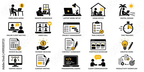 Black and yellow freelance work icon set with remote jobs, digital services and productivity symbols, Concept of freelancing, online work and independent business