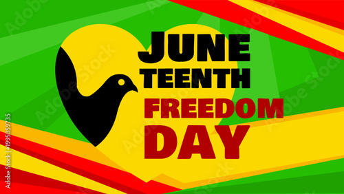 Juneteenth freedom day banner with dove in heart and colorful geometric background, vector illustration
