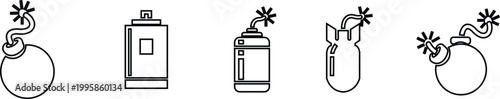Bomb explosive weapon danger icon set collection group in black line style featuring grenade, dynamite, blast, detonation synonym elements for hazard, warning and military design use