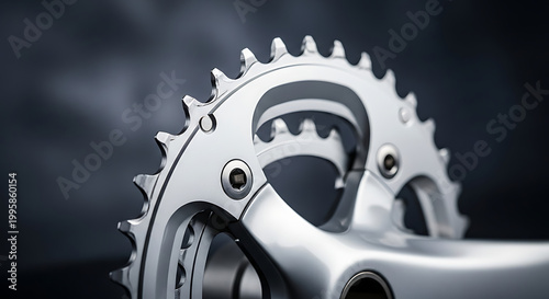 Close up of a bicycle chainring and crank arm, metallic and detailed, cycling equipment