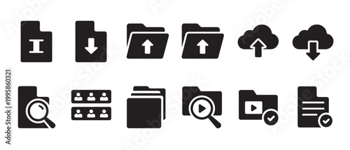 Set of flat design icons for document management, cloud storage, and data organization.
