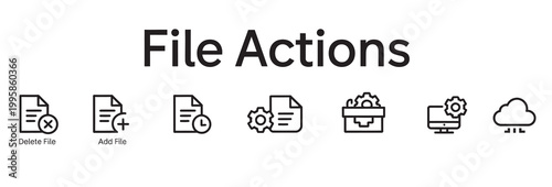 Set of file action icons including delete, add, time, settings, and cloud storage.
