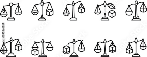 Balance scale icon set with geometric cubes, legal justice weighing symbols, linear vector illustration of comparative options