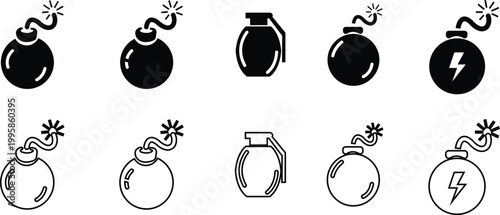 Bomb explosive weapon danger icon set collection group in black flat and line style featuring grenade, dynamite, blast, detonation synonym elements for hazard, warning and military design use