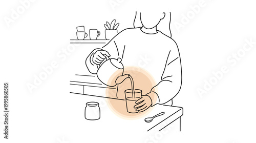A person pouring liquid from a teapot into a glass, with an orange glow around the glass