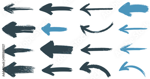 Collection of brush stroke arrows pointing left in dark grey and blue, with curved options.
