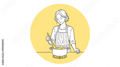 A woman in an apron stirring a pot on a stove, depicted in a minimalist line art style within a yellow circle