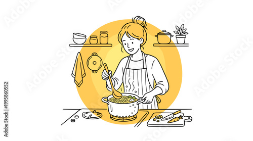 Minimalist line art vector featuring a cheerful woman stirring a pot on the stove, embodying the joy of preparing fresh homemade food in a kitchen environment