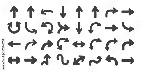 Collection of diverse dark gray arrow icons and symbols on a white background.