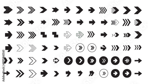 Assortment of arrow icons and symbols in black and white, vector graphic.