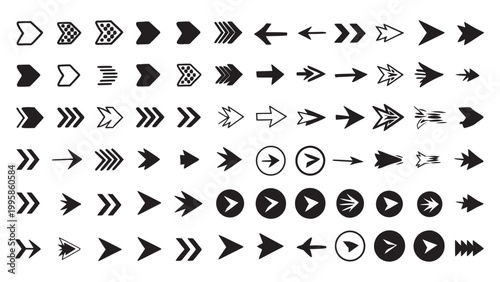 Collection of diverse arrow icons and symbols in black and white, vector graphic.