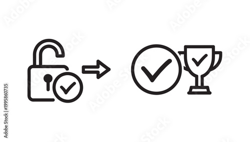 Linear icon set featuring an unlocked padlock and a trophy for success and achievement