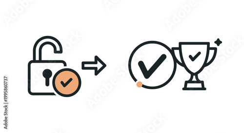 Modern icon set with unlocked padlock and trophy showing success in flat color style
