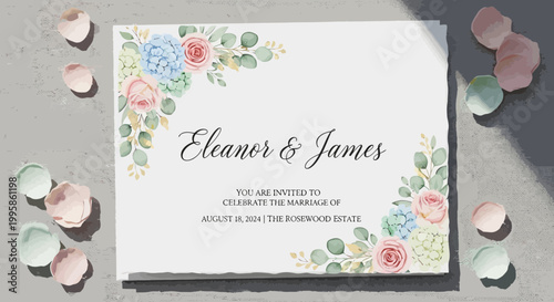 Elegant Watercolor Floral Wedding Invitation Card - Eleanor & James