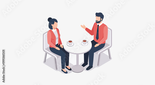 Isometric Vector Illustration of a Man and Woman Sitting at a Round Table for a Business Meeting or Coffee Break Conversation