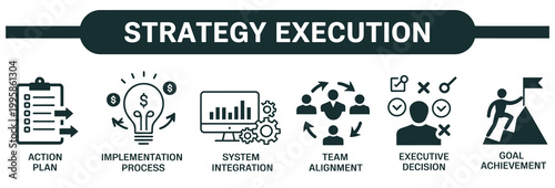 Strategy execution process with icons for action plan, implementation, and goal achievement