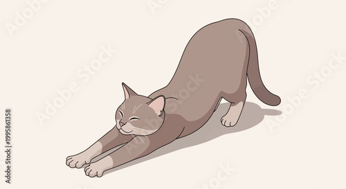 Cute Domestic Cat Stretching its Body, Brown Feline Character Isolated on Neutral Background, Vector Illustration