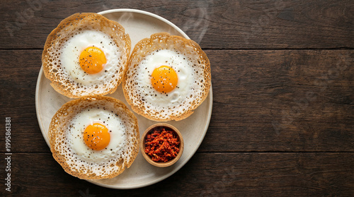 Sri Lankan egg hoppers with lunu miris on dark wooden background