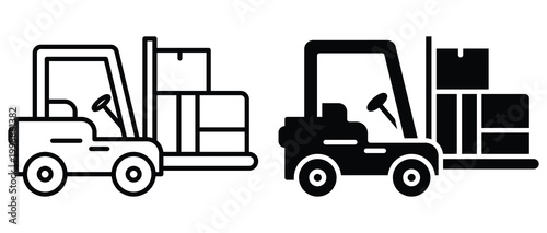 Black and White Forklift Illustration with Cargo Boxes in Warehouse Setting