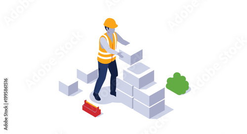 Isometric Construction Worker Building a Wall with Concrete Blocks, Professional Builder in Safety Gear Working on Site Vector Illustration